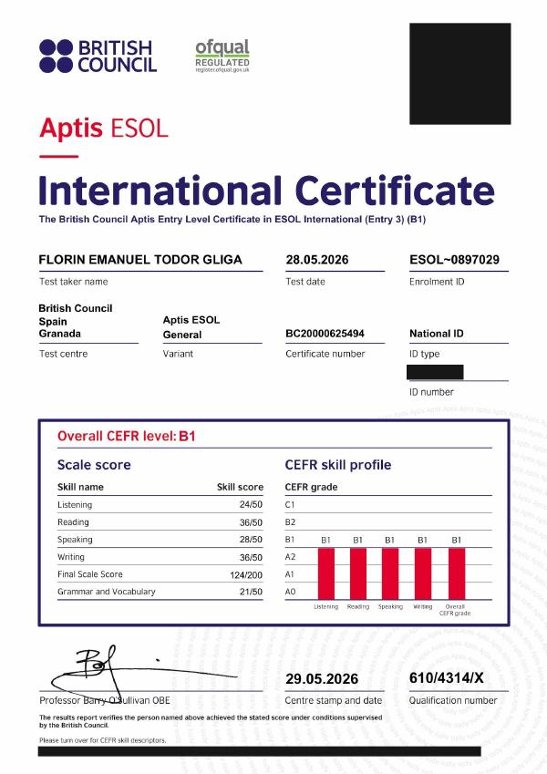Certificado: Aptis ESOL International Certificate - nivel B1