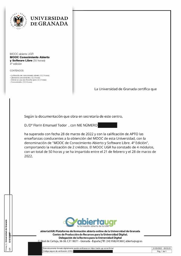 Certificado: MOOC de Conocimiento Abierto y Software Libre