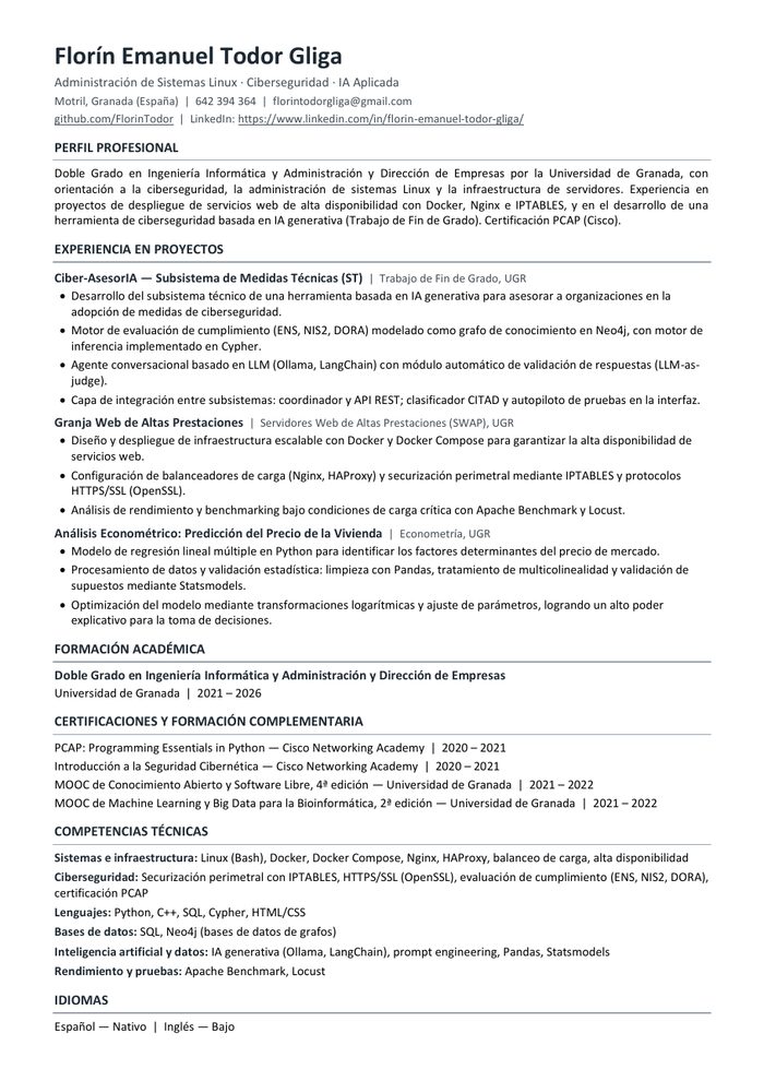 Primera página del currículum de Florin Emanuel Todor Gliga