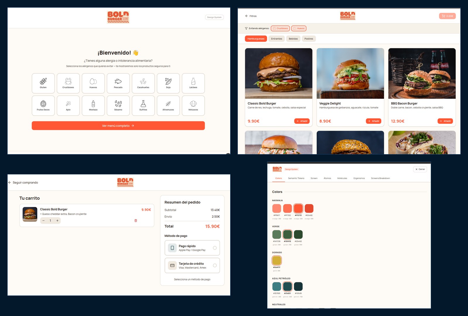 Capturas del prototipo de Bold Burger - Caso de estudio UX de una web de comida rápida